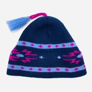 Wigwam Fair Isle Wool Tasseled Beanie Winter Hat Made in USA Navy Purple